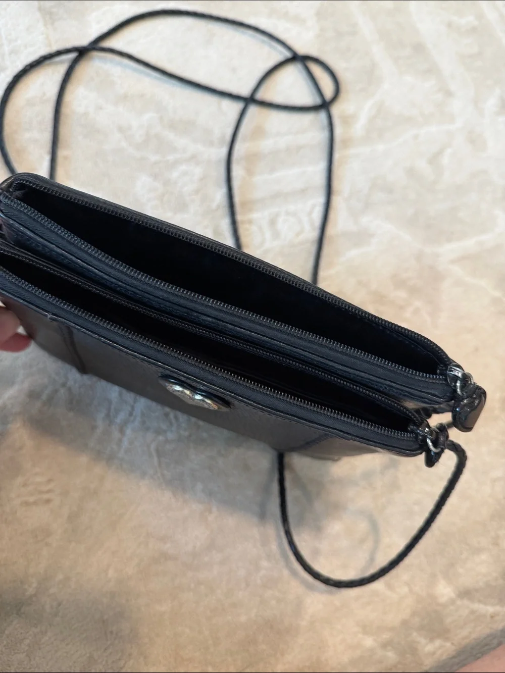Black Leather Crossbody Bag with Heart Accent